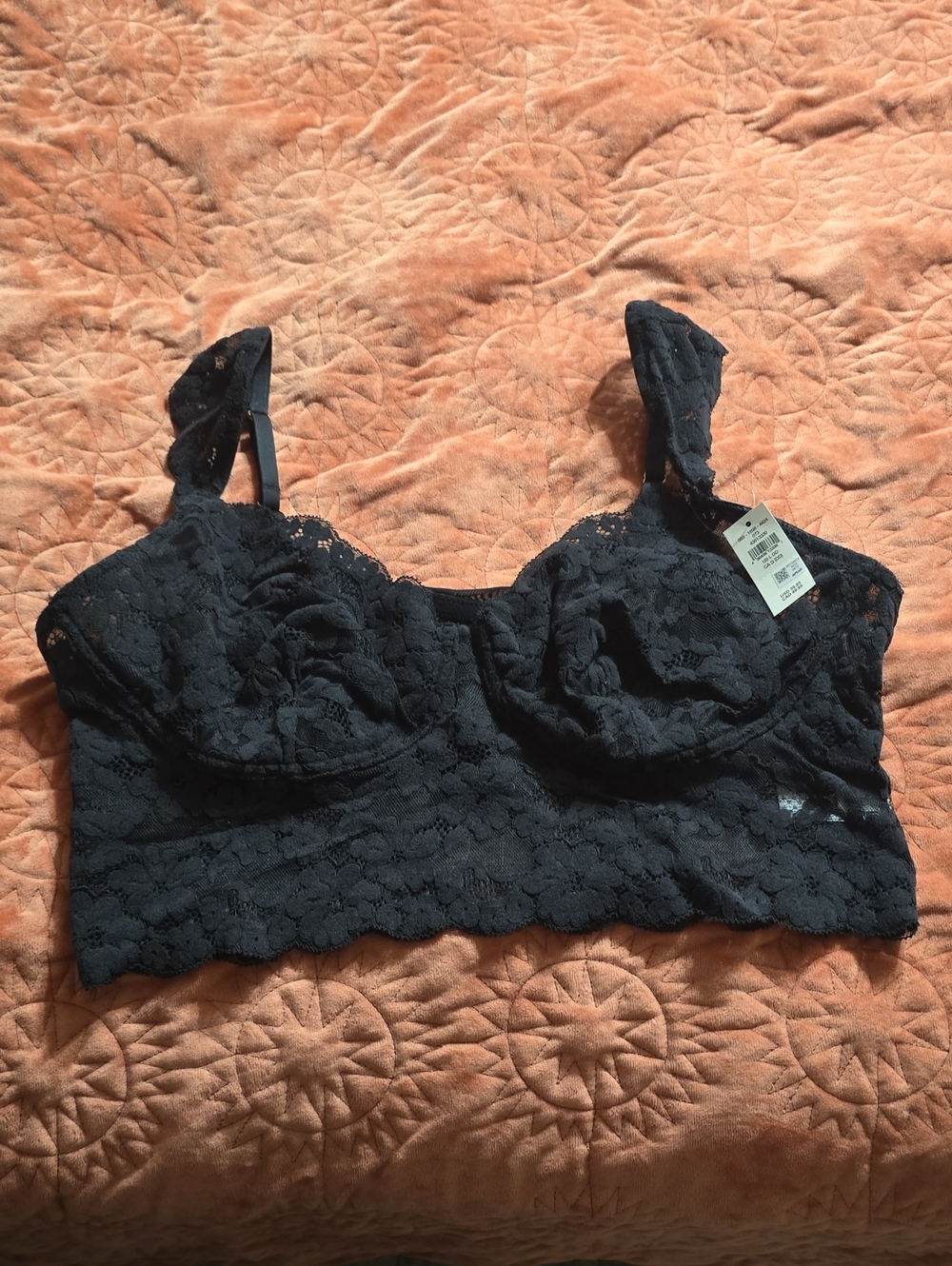 aerie Black Lace Longline Bralette with Floral Overlay